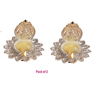 Lotus Laxmi Diya/Deepam/Deepak Silver Plated (Pack of 2) Table Diya (Height 3.5 inch)
