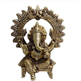 Brass Ganesh Sitting On Sihasan Medium Decorative Showpiece - 18 cm (Brass, Gold)