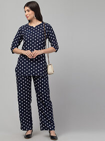 Sands Apparel Navy, White Graphic Print Polyester Co-Ords Set For Women