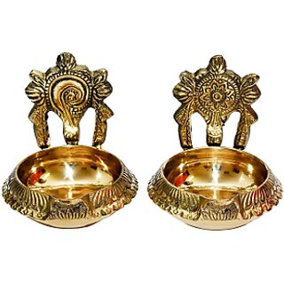 Brass Naman Shakh Chakram Kuber Diya Brass (Pack of 2) Table Diya (Height 3 inch)