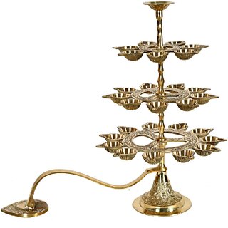 Brass Arti Flower 3 Floor/Step Stand Diya For Home Temple Brass Table Diya Set (Height 11 inch)