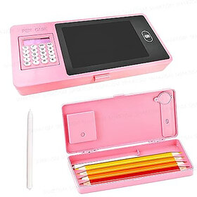 LCD Writing Tablet Pencil Box with Calculator, Drawing Board Case with Erase Button and Calculator, Magic Storage for St