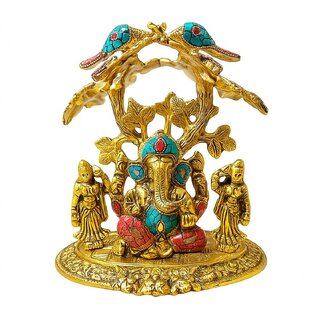 Tiny Shiny Lord Ganesha Metal Statue of Under Tree with Riddhi Siddhi and Peacock for home decor, Living Room, Pooja