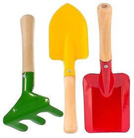 OUTO Garden Tools 3Pcs Set Heavy Duty Stainless Steel Carbon Aluminium Trowel Shovel Rake Mini Gardening Kit for Home Planting Kids Terrace Balcony Children (Pack of 3 Random Color)