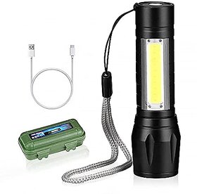 High LED Flashlight with COB Light Mini Waterproof Portable LED XPE COB Flashlight USB Rechargeable 3 Modes Light Flashlight with Hanging Rope (Multicolor) Metal 500 Lumens_HN_51