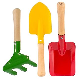 OUTO Garden Tools 3Pcs Set Heavy Duty Stainless Steel Carbon Aluminium Trowel Shovel Rake Mini Gardening Kit for Home Planting Kids Terrace Balcony Children (Pack of 3 Random Color)