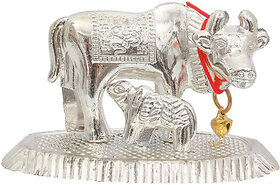 Kamdhenu Cow and Calf Statue for Good Luck,Vastu,Religious Gau Mata idol Decorative Showpiece - 5 cm  (Metal, Silver)