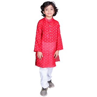 Kid Kupboard Cotton Boys Kurta and Pyjama Set, Red/White, Full-Sleeves, 7-8 Years KIDS7859