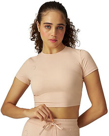Sherox Women Beige Solid Round Neck Short Sleeve Crop Top