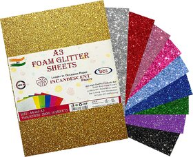 Premium Foam Glitter Sheets A3 Size  2mm Thick, 10 Sheets Multi-Color Sparkle Foam Paper
