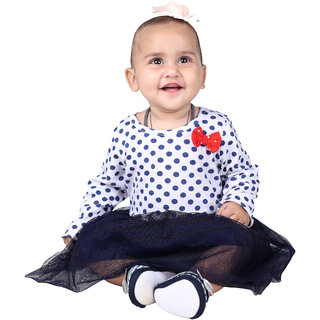 Kid Kupboard Cotton Baby Girls A-Line Frock, White/Black, Full-Sleeves, 9-12 Months KIDS7880