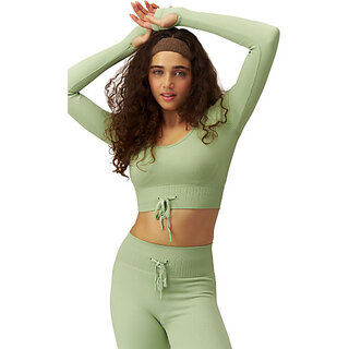 Sherox Women Light Green Solid Scoop Neck Full Sleeves Crop Top