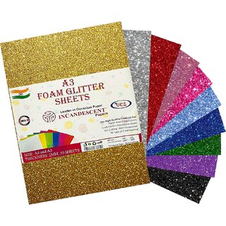 Premium Foam Glitter Sheets A3 Size  2mm Thick, 10 Sheets Multi-Color Sparkle Foam Paper