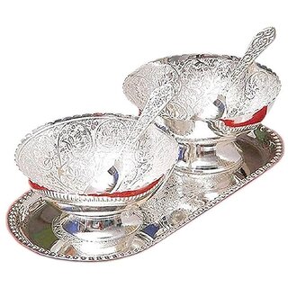 Silver-Plated Brass Floral Bowls Set - 2 Bowls, 2 Spoons & 1 Plate in Velvet Gift Box (5-Piece Set) 250ml Each