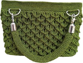 VaishnnowHand Stylish Handmade Green Crochet Handbag for women with PU Leather Base for perfect bag shape