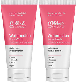 Globus Naturals Watermelon Face Wash with Vitamin B3  Hyaluronic Acid, For Hydration and Moisture retention, Suitable for Normal  Dry Skin 50gm, Pack of 2