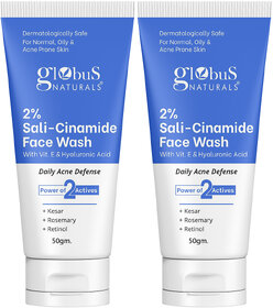 Pack of 2 Globus Naturals Sali-Cinamide Face Wash Enriched with Hyaluronic Acid & Vitamin E, 50gm