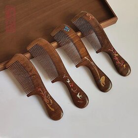 Elegant Black Gold Sandalwood Comb Gift Set - Anti-Static Detangler with Personalized Engraving for Women (13CM Deep Pink Lotus Dragonfly Moon Comb)