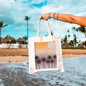 Tropical Palm Tree Print Tote Bag - Beach Vacation Shopping Bag for Women (B9713-TBWH-M)