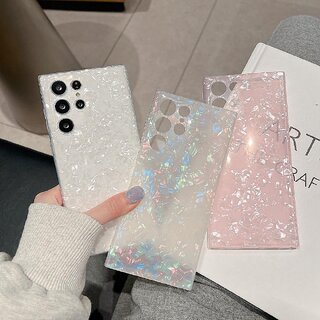 Shell Pattern Glitter Soft Case for Samsung S Series Ultra/Plus Stylish Protective Cover for Girls (White, S8 Large Hole)