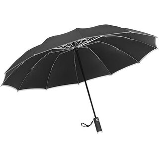 12 Ribs LED Light Umbrella with Auto Open/Close, Black Jelly Sun Protection & Reflective Strips for Safe Car Use (12-rib Black Coating Dark Green (with LED light), 23-inch reverse)