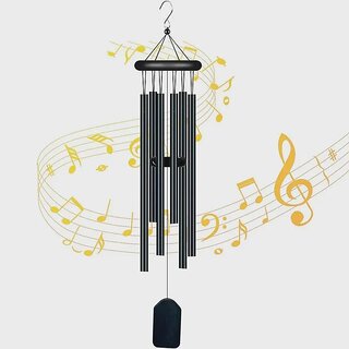 6-Tube Black Wind Chime 22-inch Spinning Solid Wood Outdoor Decor Hanging Door Gift (TL-088 Gold Tube Square Wood Piece, Height 75cm Diameter 8.5cm)