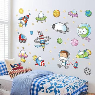 Space Themed Astronaut Wall Decals for Kids Room, School Planetarium Glass Window Stickers (Layout Size 50 x70cm)