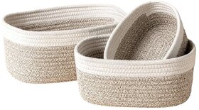 Handwoven Cotton Rope Storage Basket | Desktop Organizer for Makeup & Small Items (Brown Floral, Small Size)