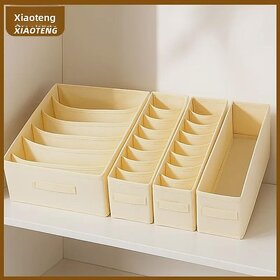 Drawer Fabric Organizer for Underwear, Socks, Bras | Multi-Compartment Storage Box for Closet & Dresser (Beige 4-Piece Set(6+7+11+Open])