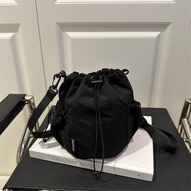 Stylish Drawstring Bucket Bag: Korean Outdoor Nylon Crossbody Sling Pack for Daily Use (Black)
