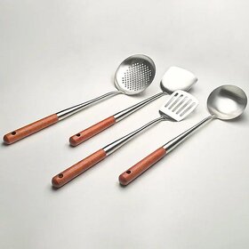 304 Stainless Steel Cooking Utensil Set with Long Wooden Handles, Includes Wok Spatula and Soup Ladle, Durable Kitchen Tools for Home and Chef Use (201 Stainless Steel, Wood Handle Chef Spatula)