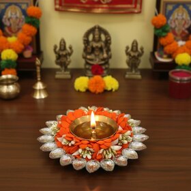 Tiny Shiny Decorative Home Decoration Flower Diya  Metal Diya for Puja Room  Home Dcor,Orange