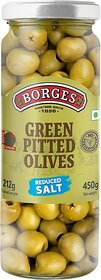 Borges Green Pitted Olives - Reduced Salt, 450g Glass Jar
