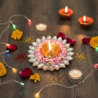 Tiny Shiny Decorative Home Decoration Flower Diya  Metal Diya for Puja Room  Home Dcor,Pink