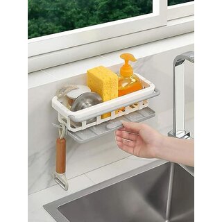 Plastic Two-Tone Hanging Drain Rack  Retractable Sink Storage Tray with Drying Basket  Sponge Holder  Organizer