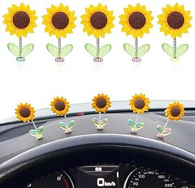 (Pack of 5) Mini Sunflower for Car Dashboard 2.36 Inches Swinging Sun Flower Car Decor Self-Adhesive Cute Auto Ornaments Removable Auto Interior Accessories for Mirror, Vehicle Gadgets Latest 2025