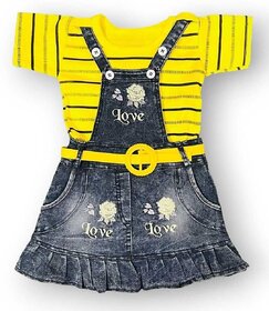 Littlemama Dungaree For Baby Girls Printed Denim, Cotton Blend(Multicolor, Pack of 1)
