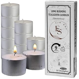 Set of 10 pcs Tea Lights for Home Dcor  9 Hours Burning Time, White, Non Scented, Wax Tealight with Long Wick, Candle Light Dinner, Birthday Decoration & Bedroom Diffuser t Lamp