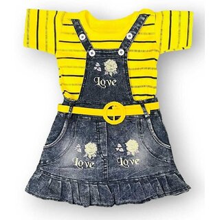 Littlemama Dungaree For Baby Girls Printed Denim, Cotton Blend(Multicolor, Pack of 1)