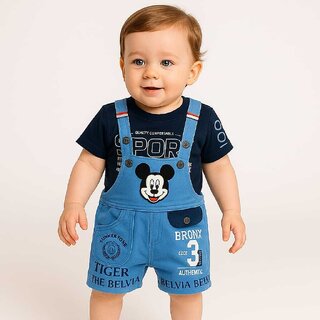 Littlemama Dungaree For Baby Boys Party Printed Cotton Blend (Blue, Pack of 1)