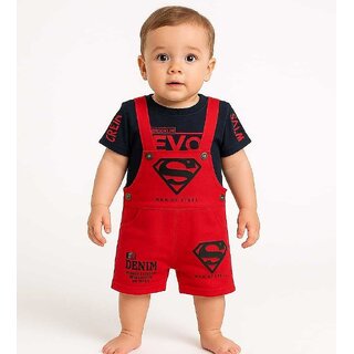 Littlemama Dungaree For Baby Boys Printed Cotton Blend (Red, Pack of 1)