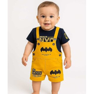 Littlemama Dungaree For Baby Boys Self Design Cotton Blend (Yellow, Pack of 1)