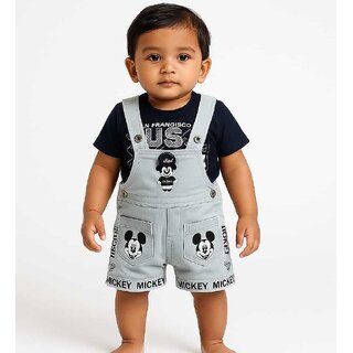 Littlemama Dungaree For Baby Boys & Baby Girls Printed Cotton Blend (Grey, Pack of 1)