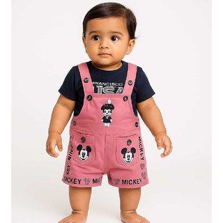 Littlemama Dungaree For Baby Boys & Baby Girls Printed Cotton Blend (Pink, Pack of 1)