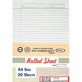 INCANDESCENT PAPER A4 Ruled Sheets B/B 120 GSM  Pack of 3 x 20 Sheets  Smooth Writing  Premium Quality