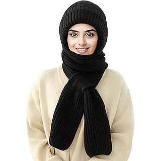 Winter Warm Elastic Soft Ear Protection Knitted Scarf Hat Fleece Lined Beanie Hat