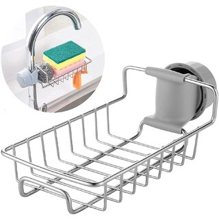 Stainless Steel Kitchen Sink Faucet Sponge Holder â€“ Heavy-Duty Hanging Caddy Organizer for Scrubbers & Soap