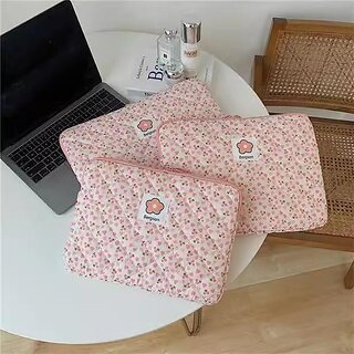 Ins Style Plaid & Floral Print 13-Inch Laptop Sleeve with Handle for MacBook, Tablet, and Device Protection (Pink Plaid, 35.56 cm)