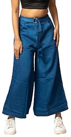 MULTIWA Women Soft Denim Flared Belt Pant (L, Dark Blue)