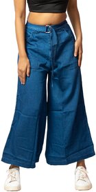 MULTIWA Women Soft Denim Flared Belt Pant (M, Dark Blue)